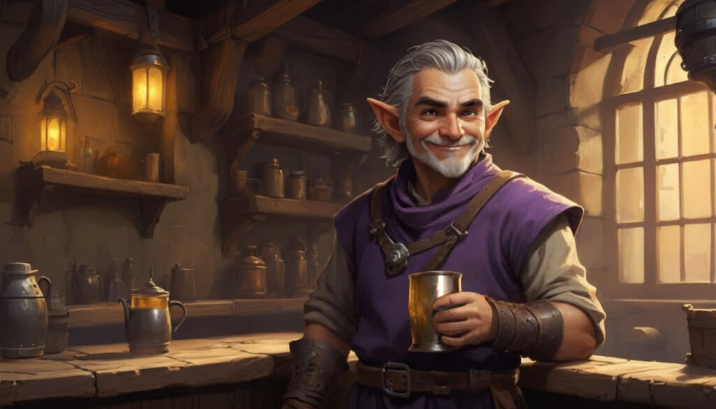 A friendly halfling tavernkeeper in a cozy medieval fantasy inn, welcoming the visitor with a warm smile and a raised mug