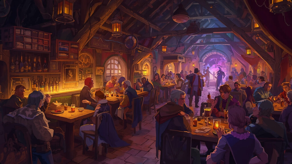 A bustling medieval tavern, illuminated by flickering magical lanterns and filled with diverse fantasy patrons.