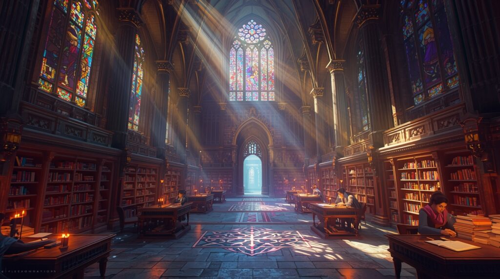 Une bibliothèque aux rayonnages chargés de livres anciens, baignée de lumière.