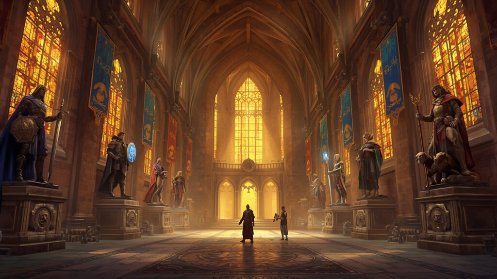 Majestic high fantasy “Hall of Heroes” — a vast stone hall illuminated by warm golden light filtering through tall stained-glass windows.