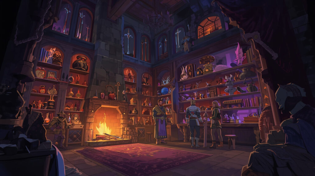 Epic high-fantasy curiosity cabinet lit by a warm fireplace.