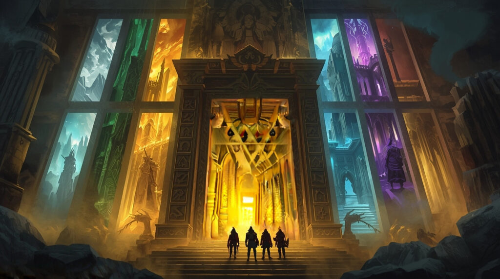 A monumental ancient magical doorway carved in stone and glowing runes